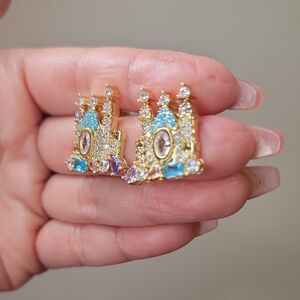 Whimsical Gold and Blue Crystal Castle Earrings